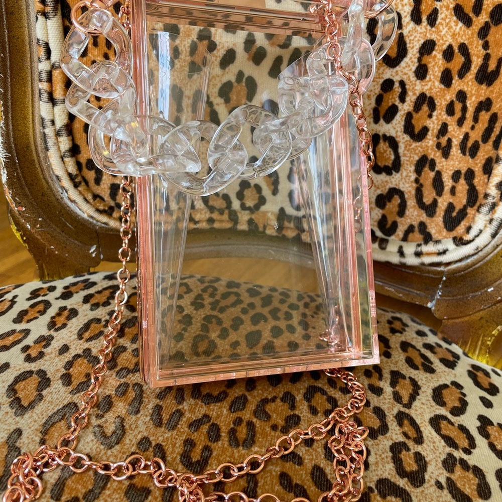 Clear acrylic purse with metallic rose chain and translucent chain handle